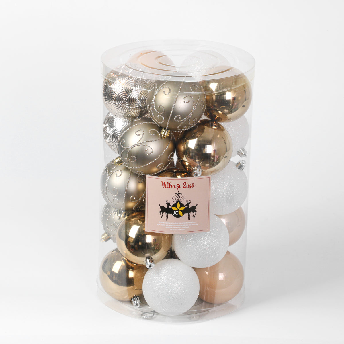 JC Gold, White Glitter Premium Tree Ornament Set 8cm (24 Pieces)