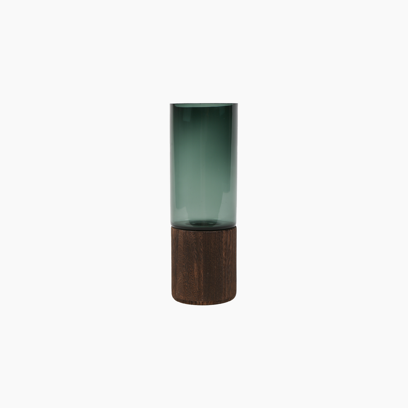 Dark Green Vase with Wooden Stand, L 10x29cm