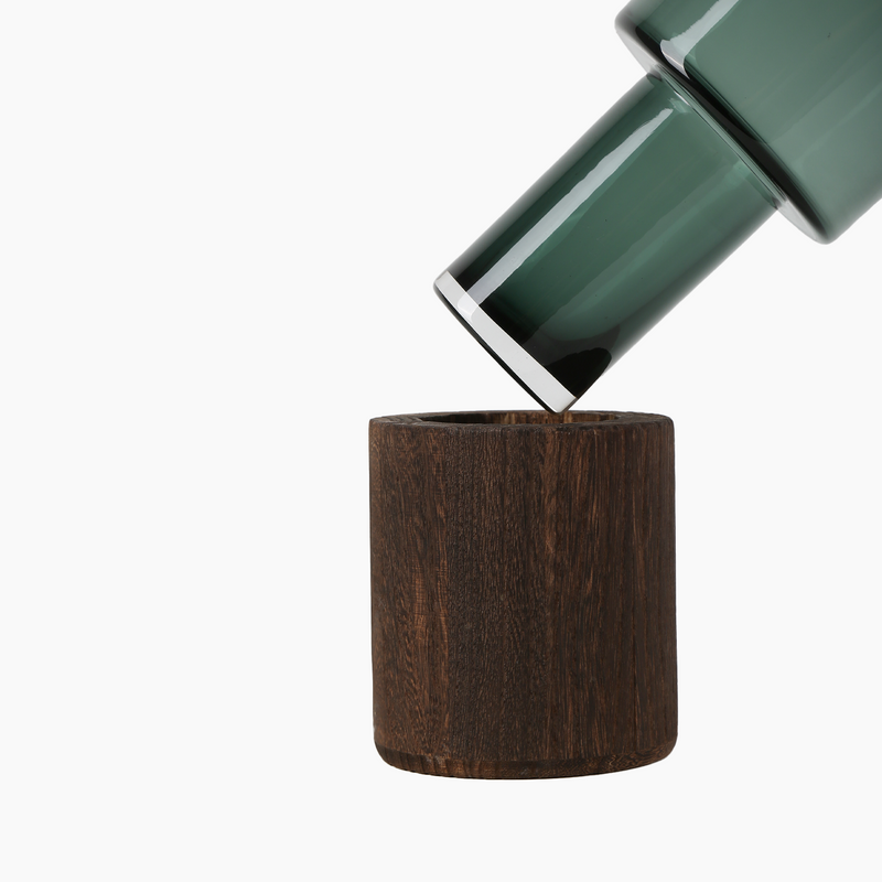 Dark Green Vase with Wooden Stand, L 10x29cm