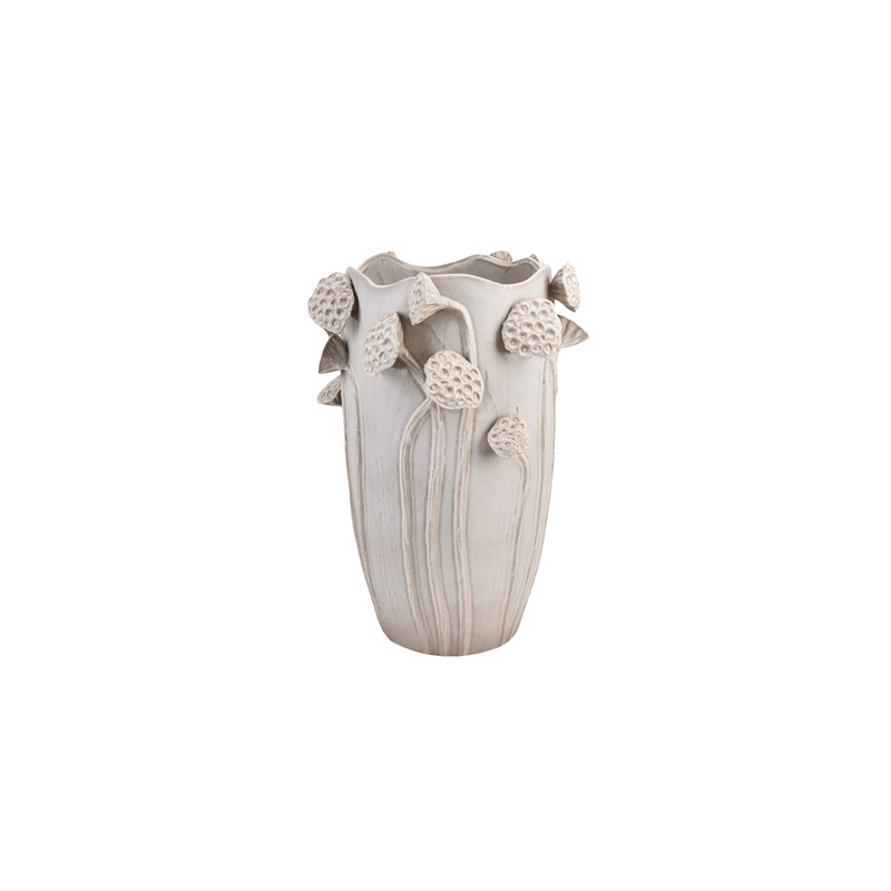 Lotus Branch Detailed White Ceramic Vase B 27.5x25.5x35cm