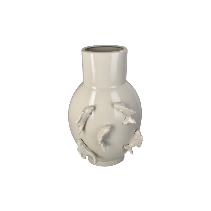 Fish Detailed Ivory Ceramic Vase A 23.8x15.5x40.8cm
