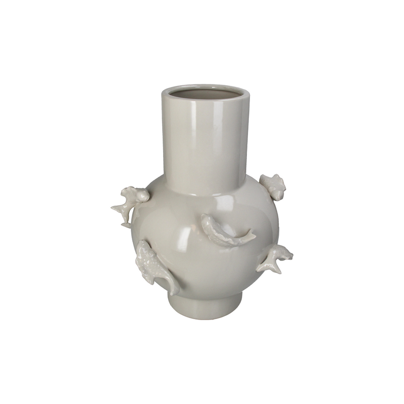 Fish Detailed Ivory Ceramic Vase B 24.2x24.2x36.5cm