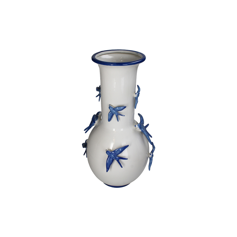 Bird Detailed White&Blue Ceramic Vase 25.5x25.5x51.5cm