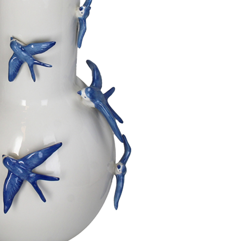 Bird Detailed White&Blue Ceramic Vase 25.5x25.5x51.5cm
