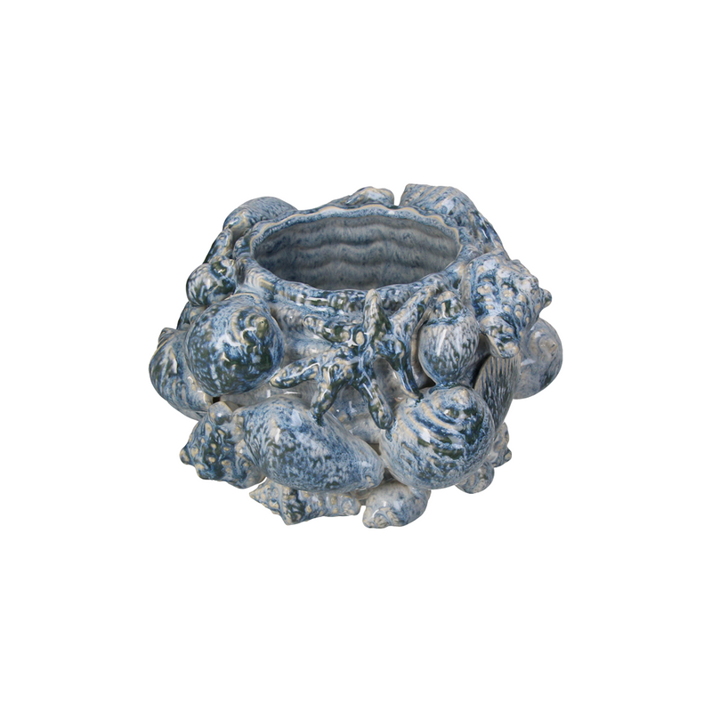 Blue Pot with Seashell Detail 26.5x26x16cm