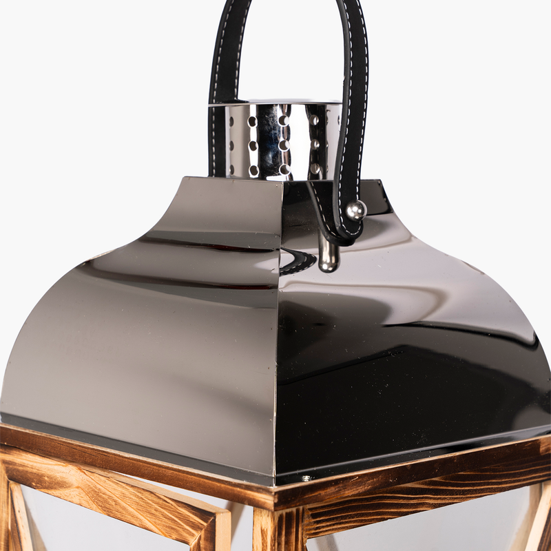Dumont Deri Kulplu Ahşap Metal Çatılı Fener  26x26x74cm