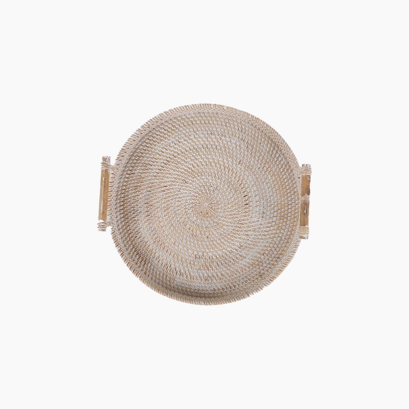 Bamboo Handwoven Antique White Round Tray with Handles