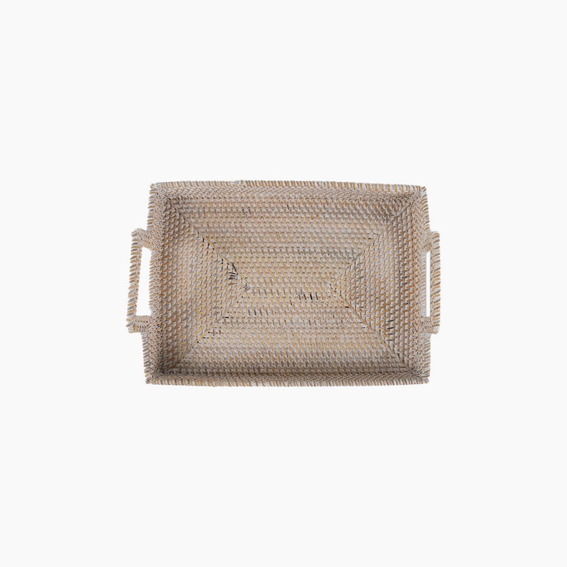 Bamboo Handwoven Antique White Rectangular Tray with Handles