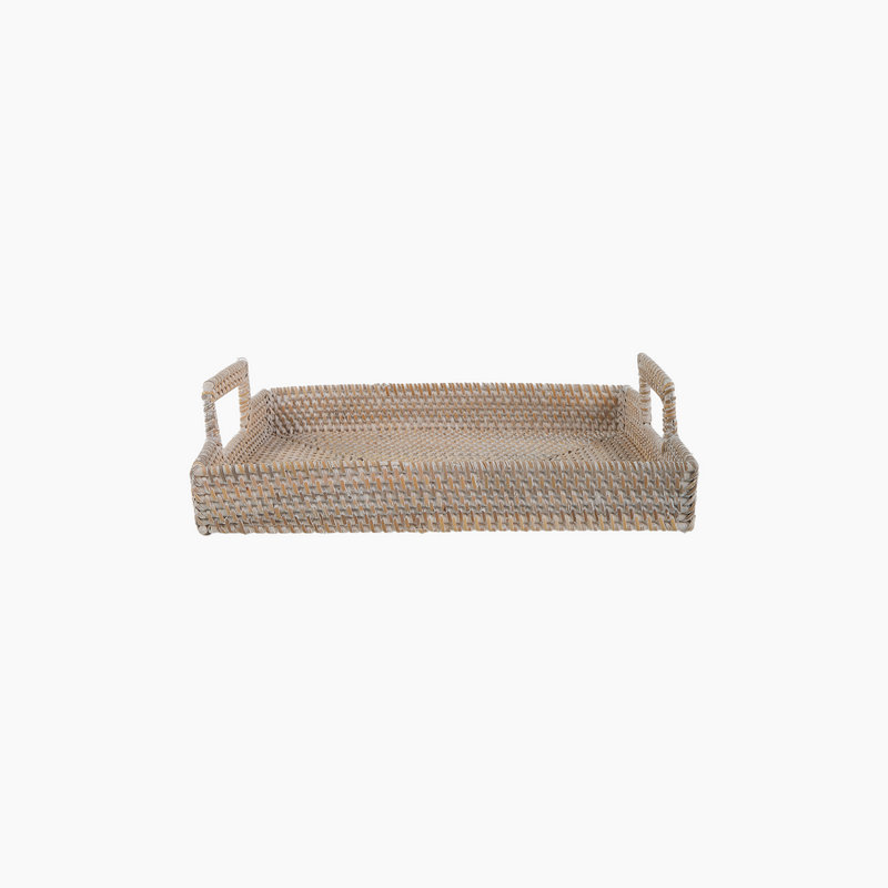 Bamboo Handwoven Antique White Rectangular Tray with Handles
