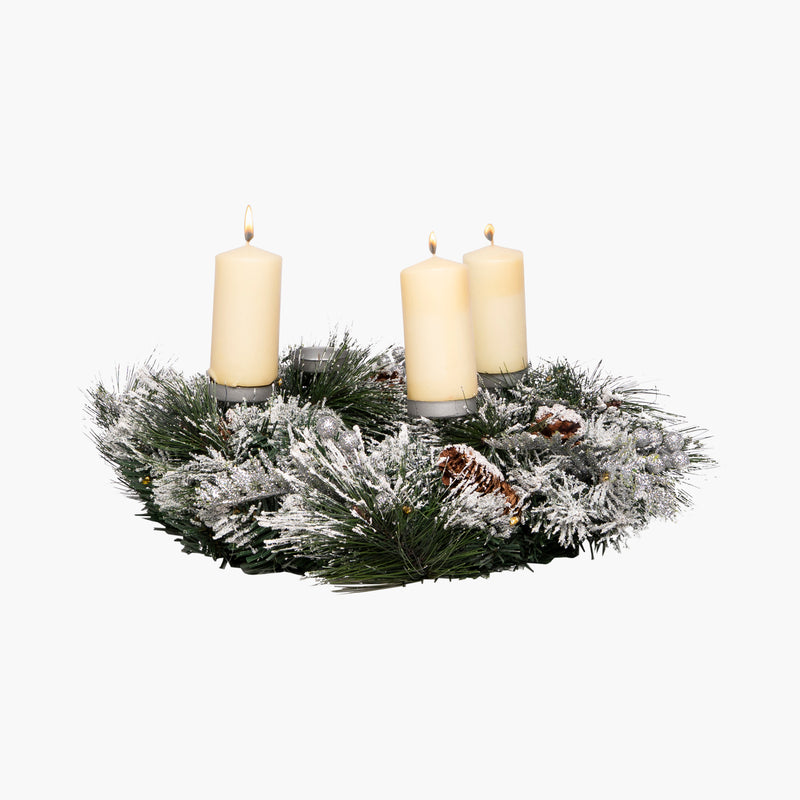 JC Karlı Çam Halka Mumluk Masa Dekor 45cm (Kendinden Led'li)