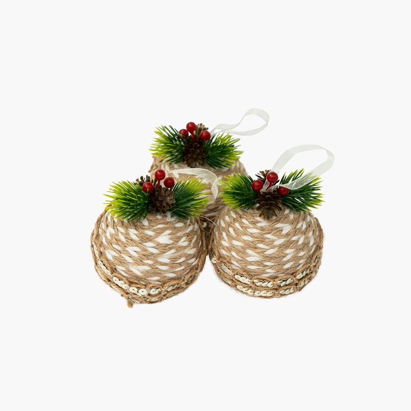 JC Bohem Şeritli Yuvarlak Ağaç Süsü Seti 8cm (3 Parça)
