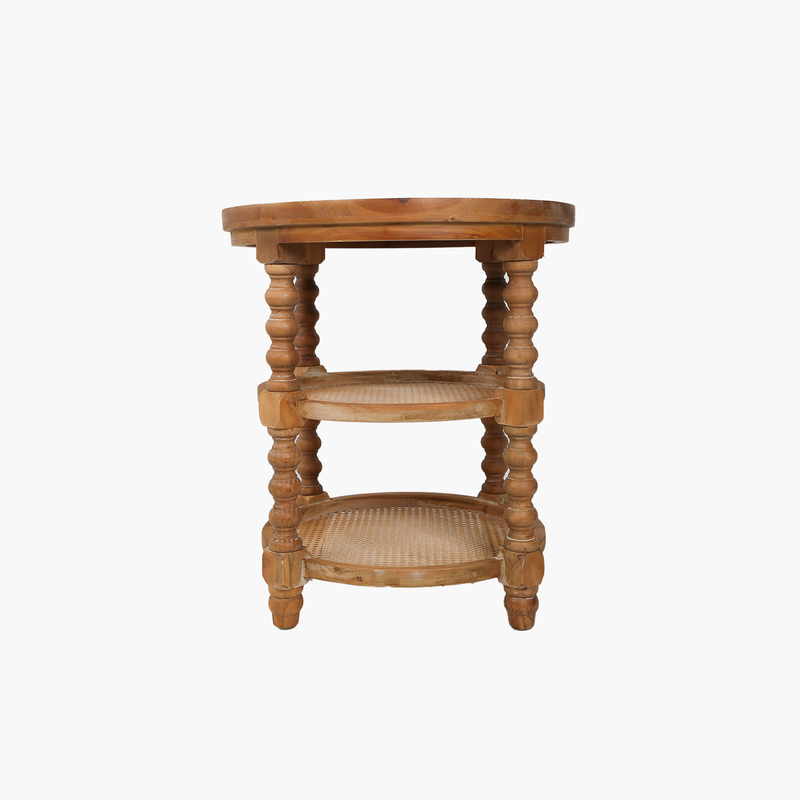 3 Katlı Yan Sehpa Doğal Ahşap Rattan 60X60X64cm
