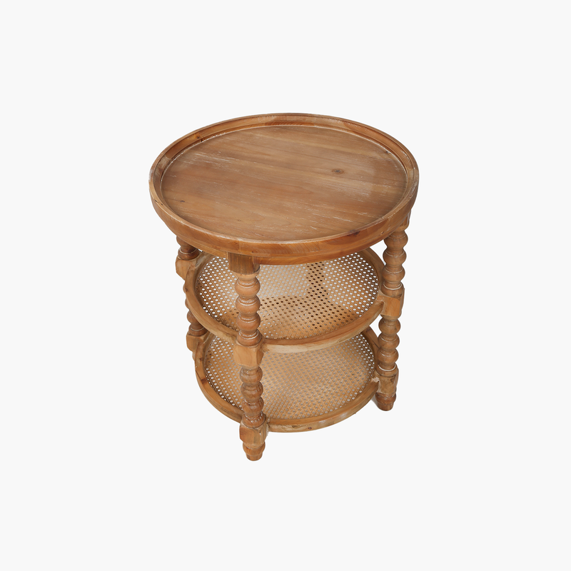 3 Katlı Yan Sehpa Doğal Ahşap Rattan 60X60X64cm
