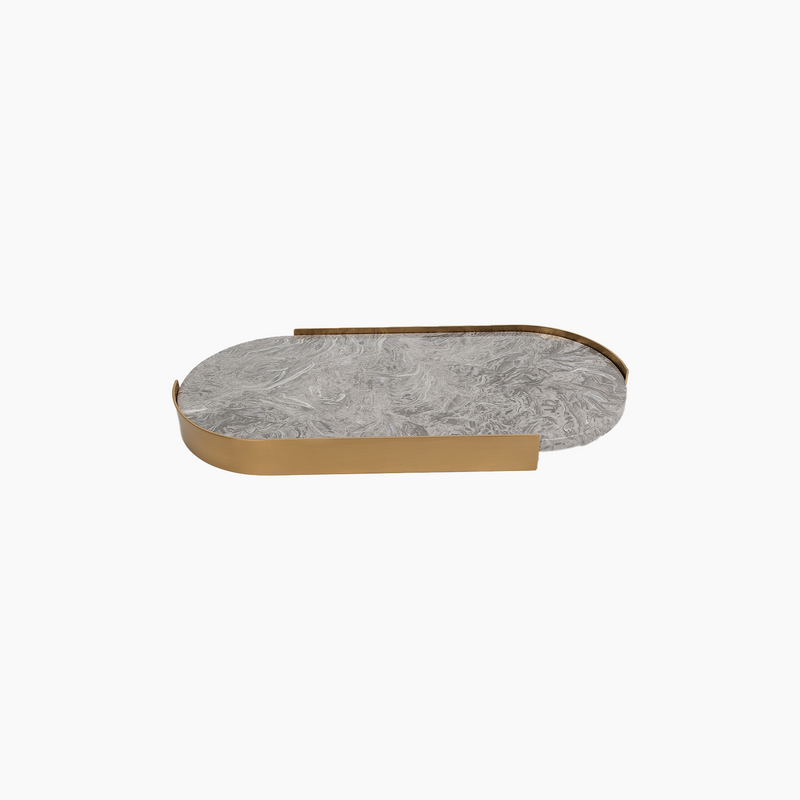 Marble &amp; Metal Oval Tray Grey L 54x25x5cm