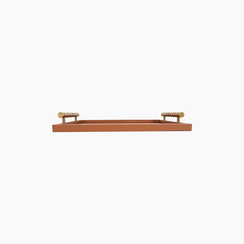 Rectangular Leather Tray with Handles, Brown, 43x26.5x6cm