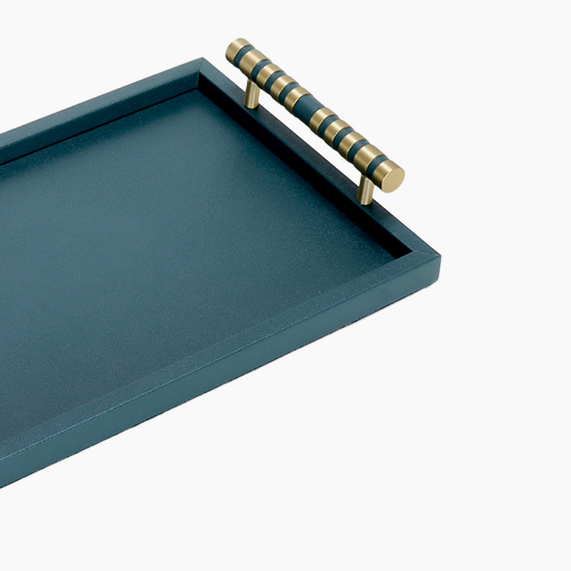 Rectangular Leather Tray with Handles, Petrol Green, 43x26.5x6cm