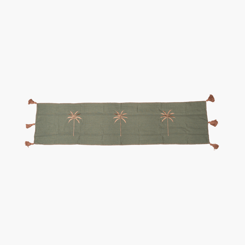 Green Linen Palm Tree Embroidered Runner