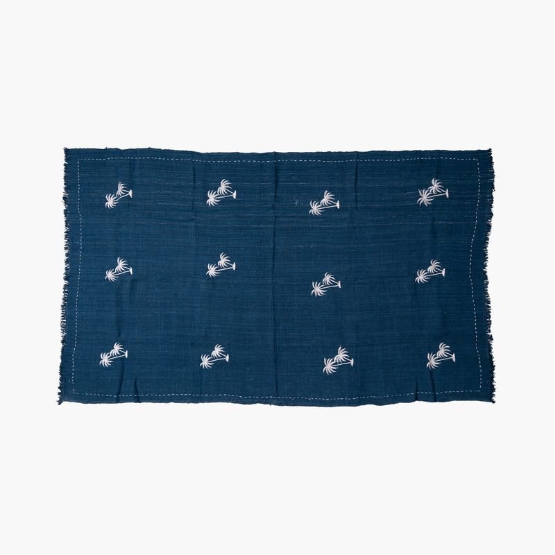 Keten Palmiye Desenli Mavi Pike