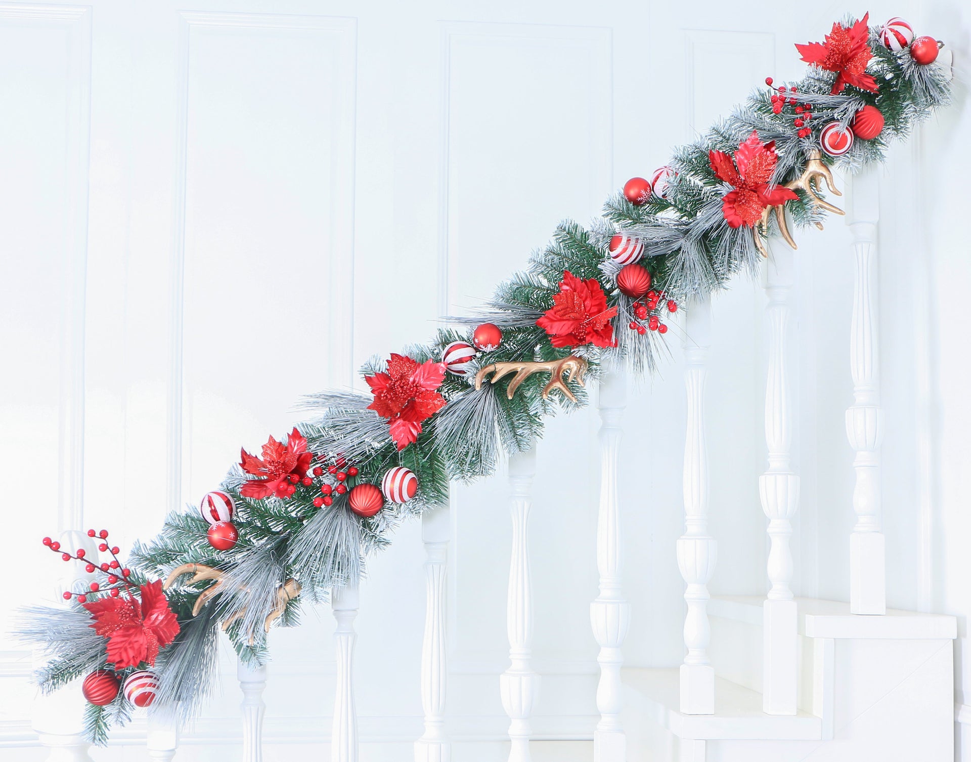 JC Kendinden Kırmızı Süslü Karlı Garland 180cm (Kendinden Led'li)