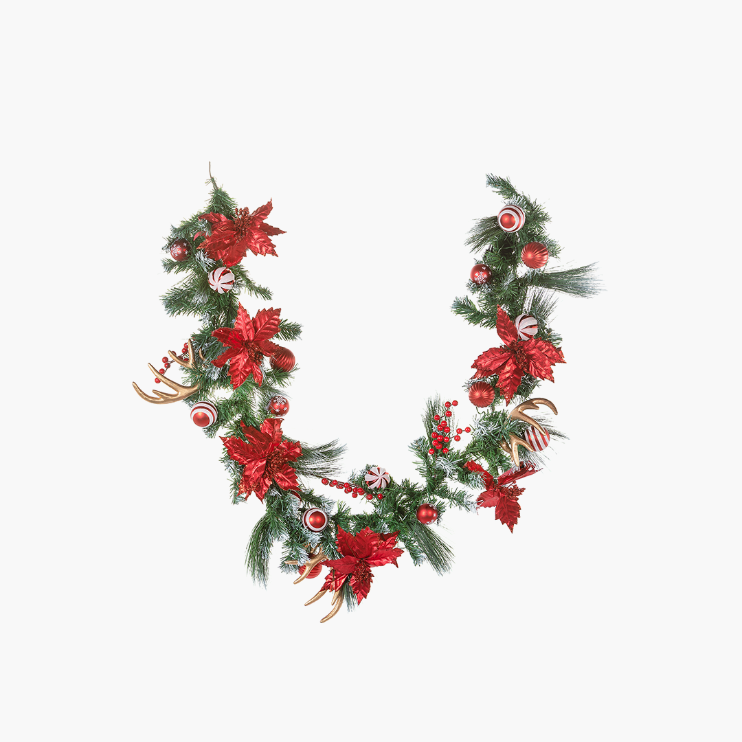JC Self-Created Red Decorative Snow Garland 180cm (with Built-in LEDs)