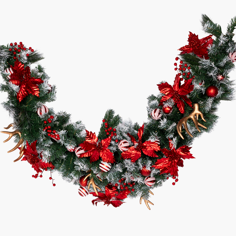 JC Kendinden Kırmızı Süslü Karlı Garland 180cm (Kendinden Led'li)