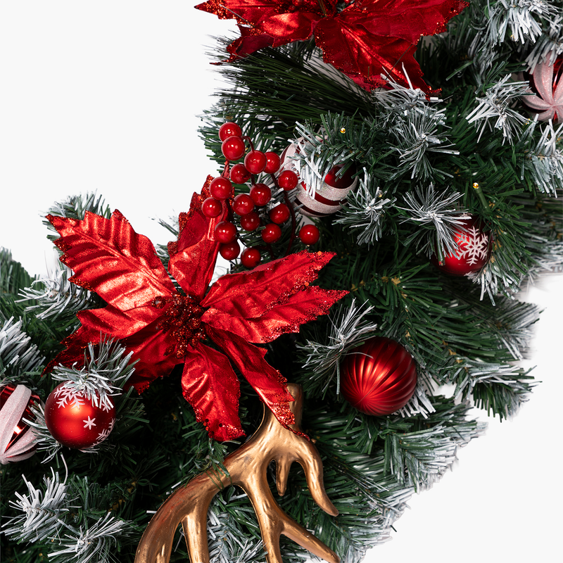 JC Kendinden Kırmızı Süslü Karlı Garland 180cm (Kendinden Led'li)