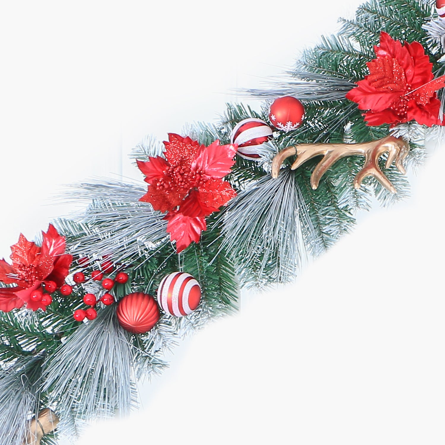 JC Kendinden Kırmızı Süslü Karlı Garland 180cm (Kendinden Led'li)